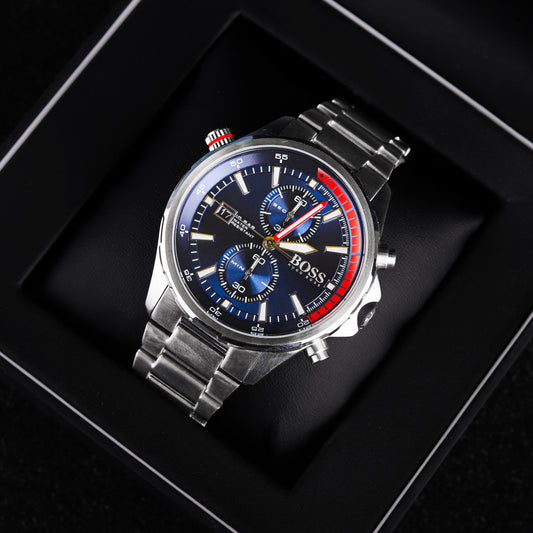 Hugo Boss Men's Watch Silver Band Blue Dial Chronograph Globetrotter 1513823